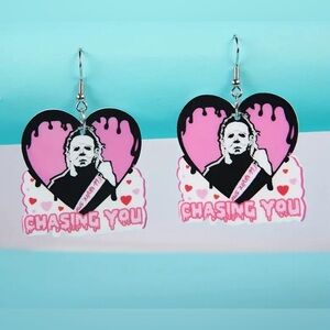 New! Michael Myers Chasing You Valentines Day Earrings